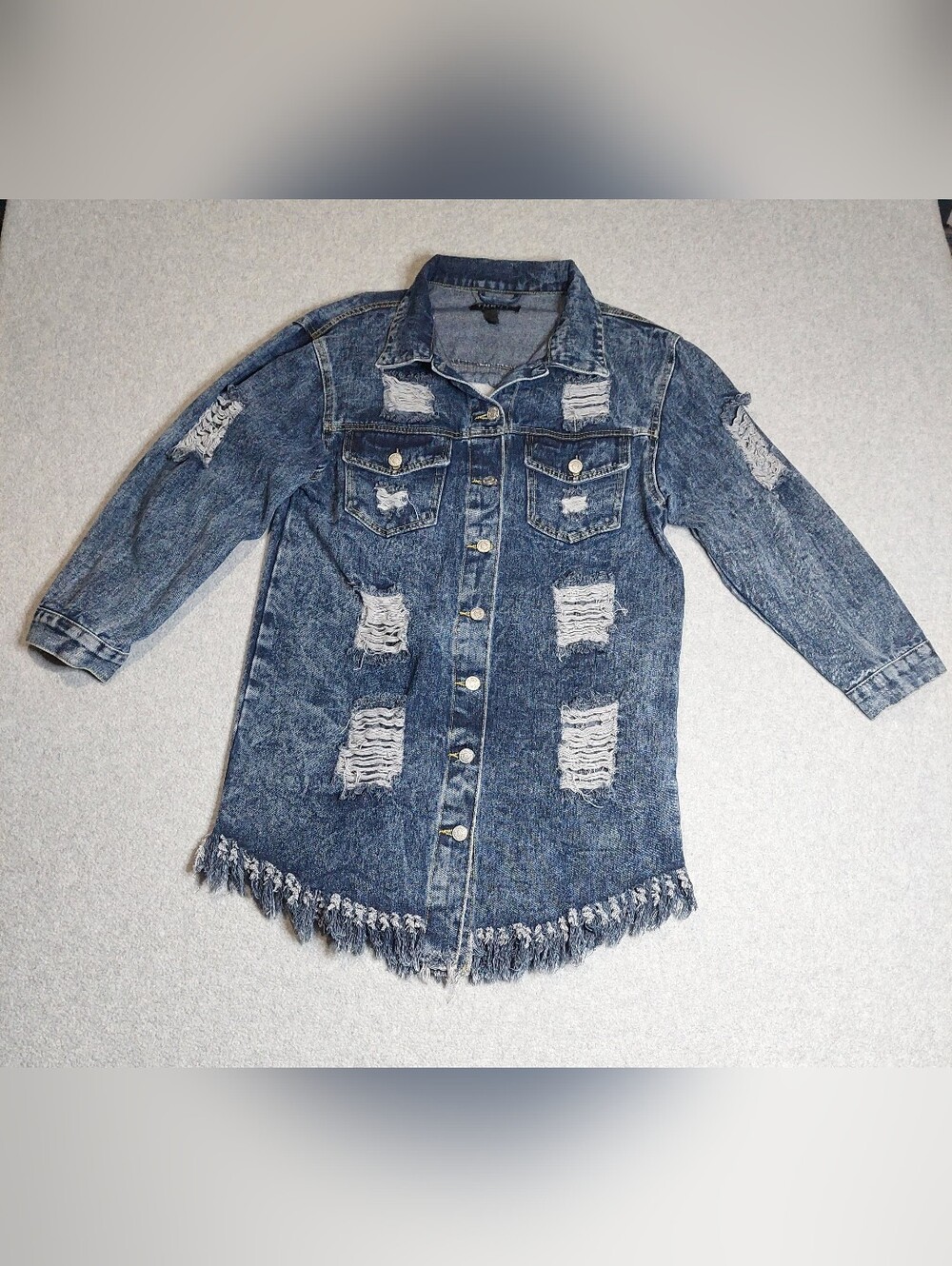 Thrill Jeans Distressed Long Denim Jacket Women’s  Size M